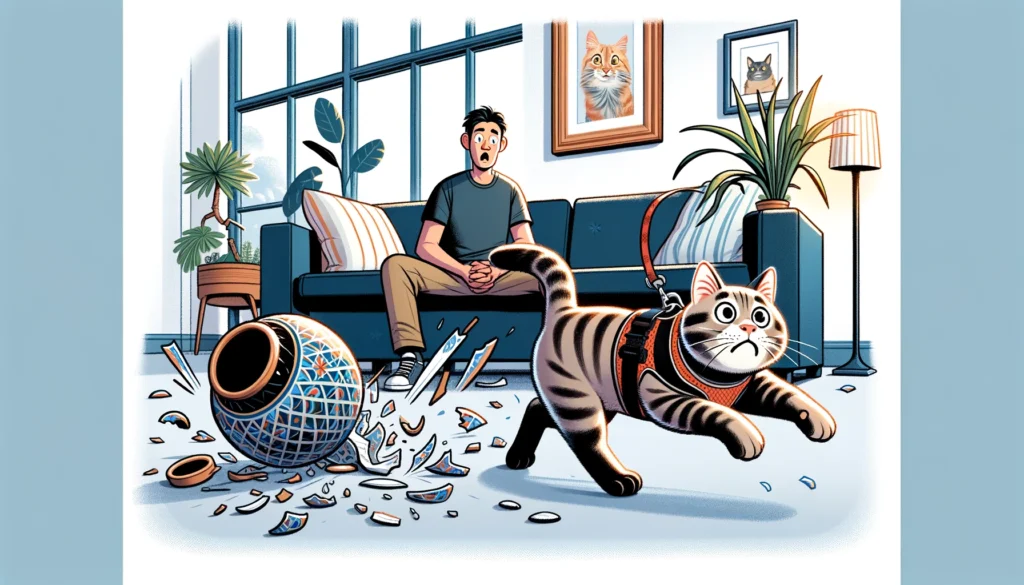 A chaotic scene in a modern living room. A startled cat, wearing a too-large dog harness, dashes away, emphasizing on the important of learning how to leash train a cat