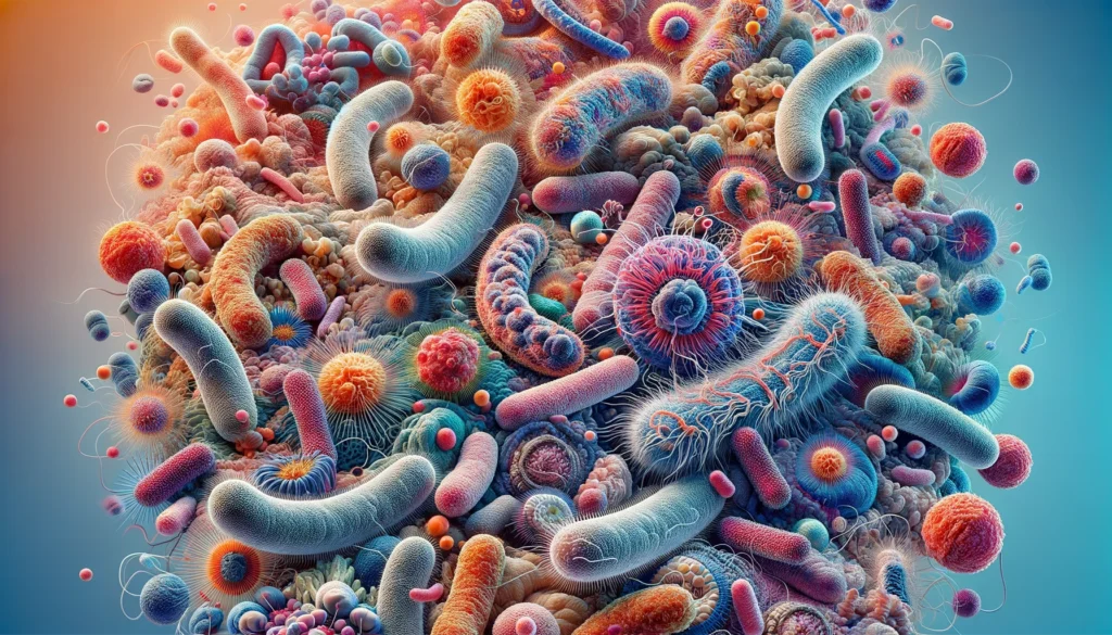 A detailed micrographic image showcasing a variety of bacteria showing the cat water additives are good to fight bacteria