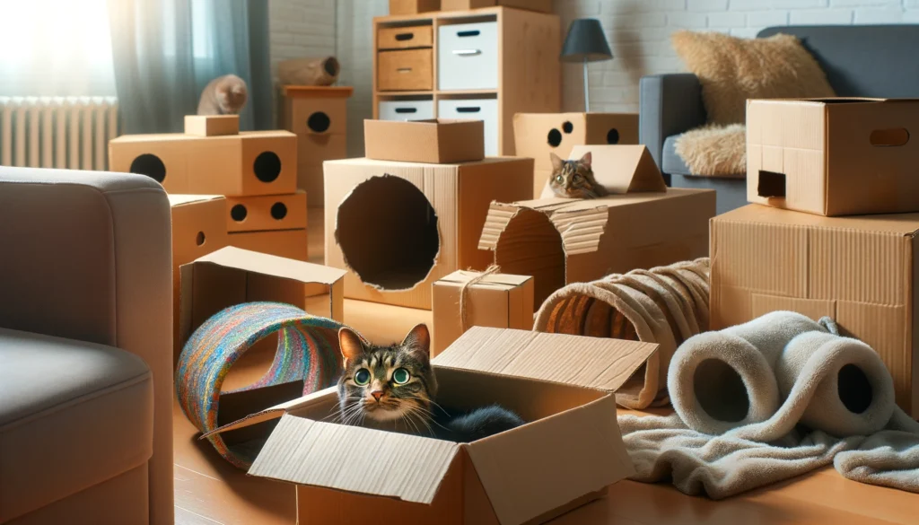 A lighthearted and engaging scene in a living room filled with various cardboard boxes and creative hiding spots designed for a cat's enjoyment