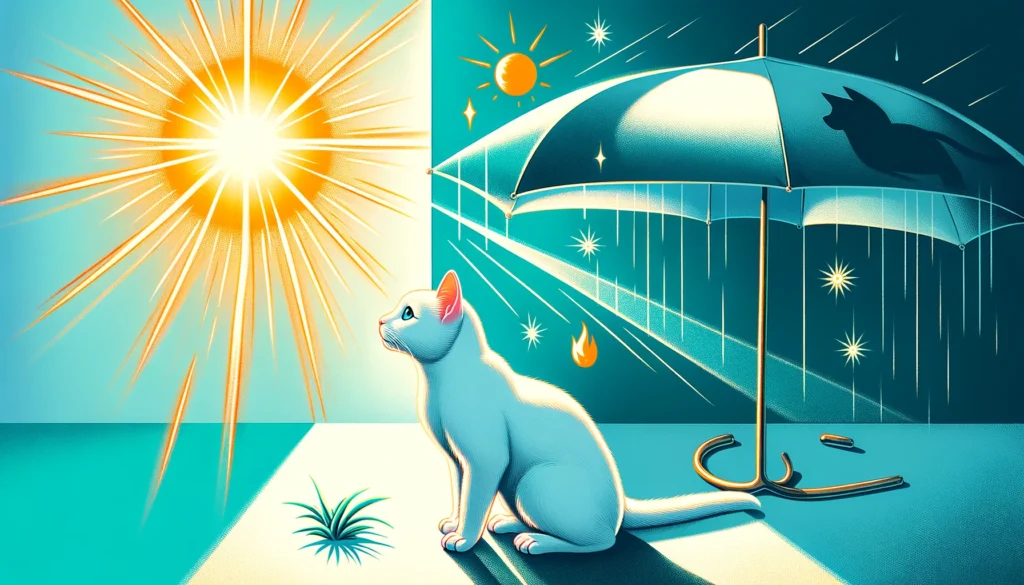 An image showing a white cat exposed to the sun underscoring the importance to understand the sunburn risk for cats