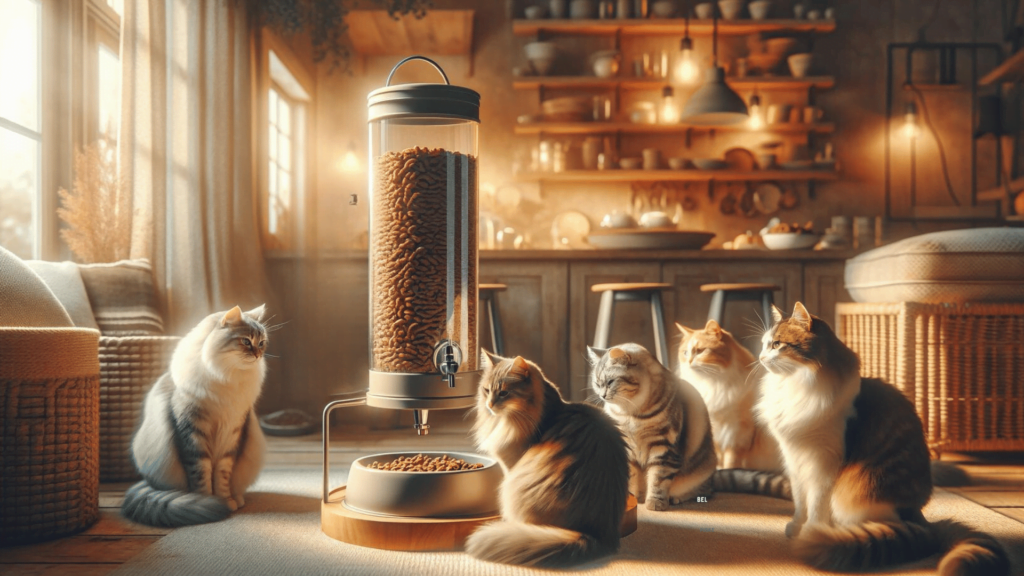 An image showing a gravity feeder and a number of cats