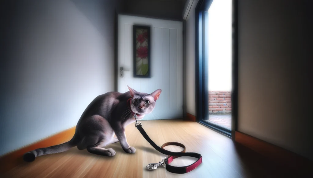 An image depicting a cat showing signs of stress and fear at the idea of being put on a leash for an outdoor walk. The cat's body language reflects this