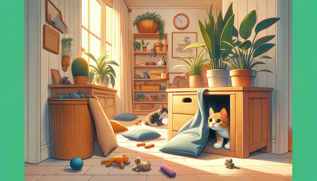 An image illustrating the concept of playing hide and seek with a cat inside a house.