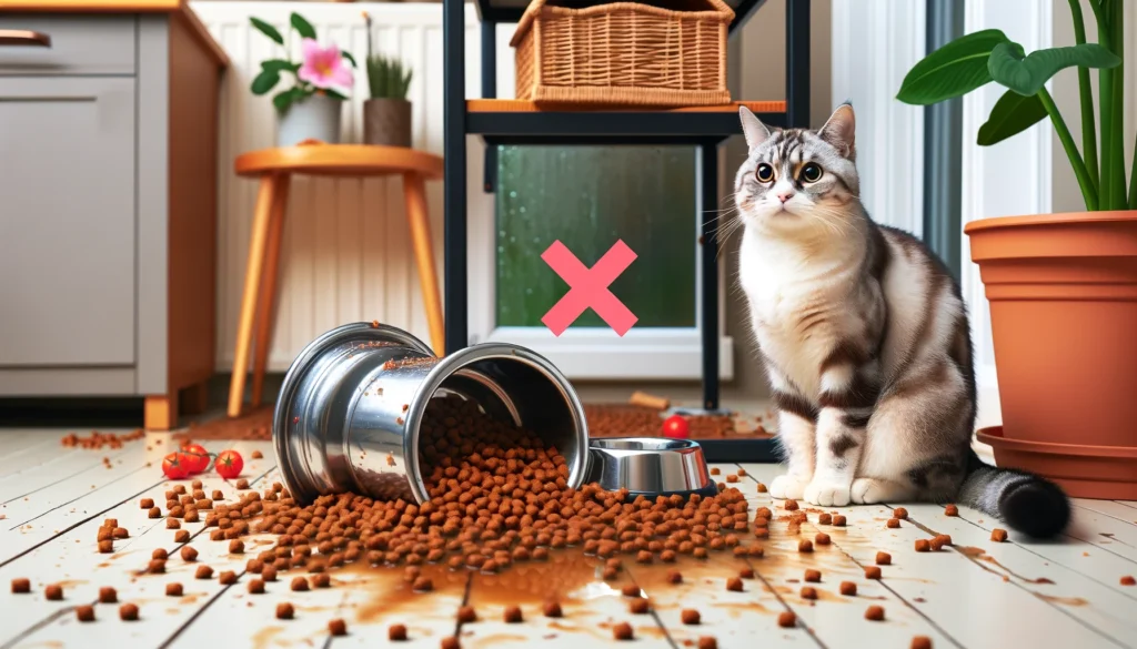 An image in aspect showing a cat feeder knocked over with food spilled all around.