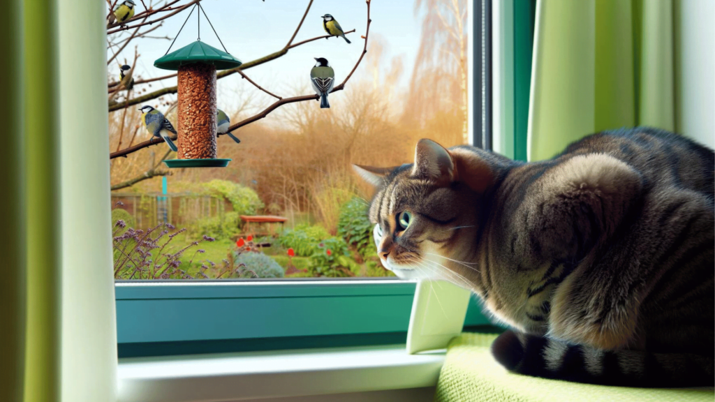 An image of a cat is intently watching birds from the safety of indoors. The cat is perched comfortably near a window showing the likeness to it