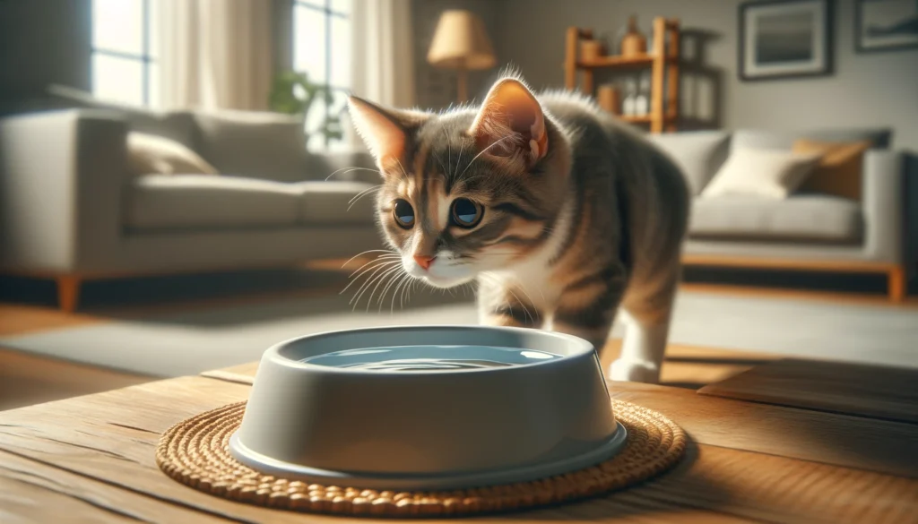 An image showing a cat hesitantly approaching a water bowl, illustrating the concept of a potential drinking deterrent when adding cat water additives