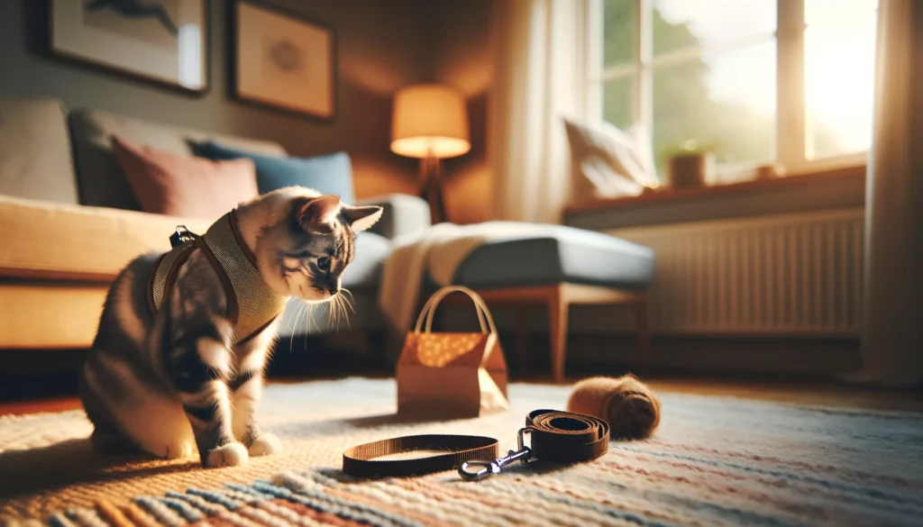 An image showing a cat is being introduced to a harness and leash for the first time.