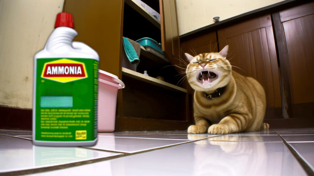 an image showing a humorous scene where a cat is dramatically reacting to the smell of ammonia. Portraying their dislike towards this smell