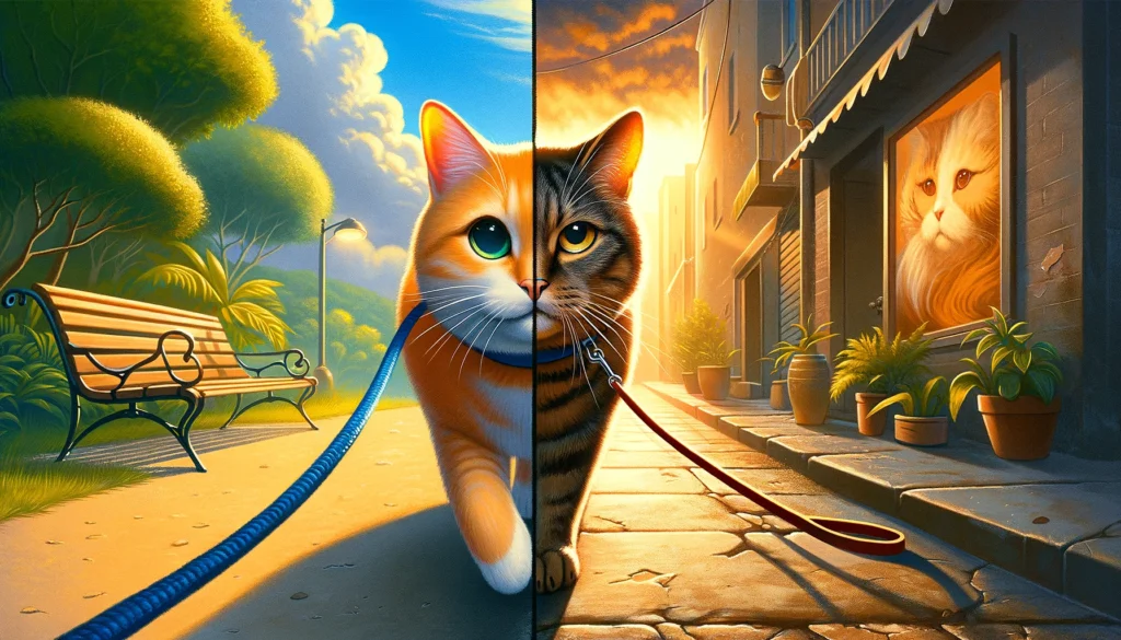 An image that vividly portrays the cat leash debate, splitting the frame into two contrasting halves.