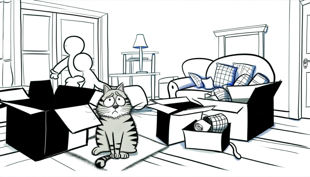 Illustrate a cartoon cat sitting in the middle of a living room, surrounded by moving boxes and furniture in disarray, showing it's dislike to change