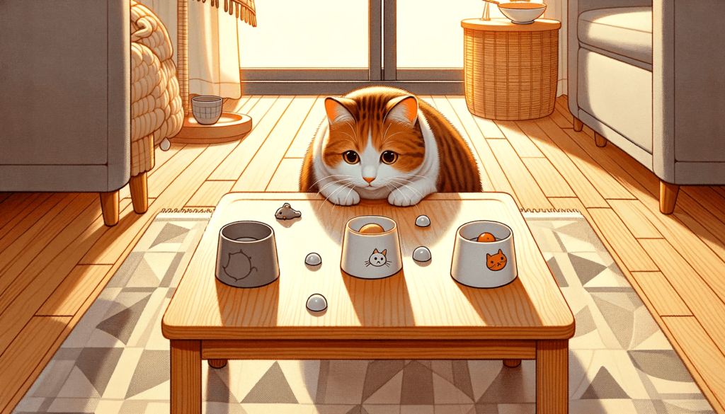 Illustration of a cat participating in the shell game which is a simple indoor cat exercise