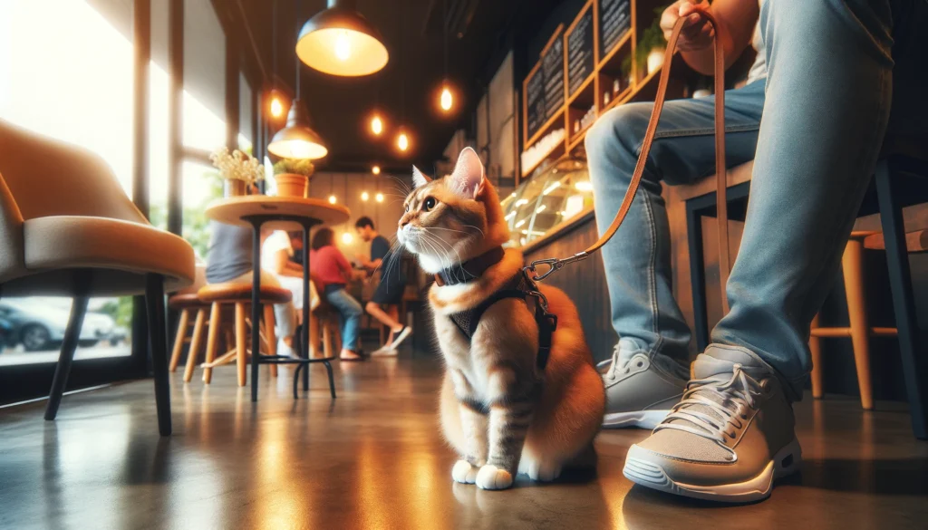 Image of A cat calmly sitting with a leash on inside a pet-friendly cafe, illustrating one of the practical benefits of leash training your cat