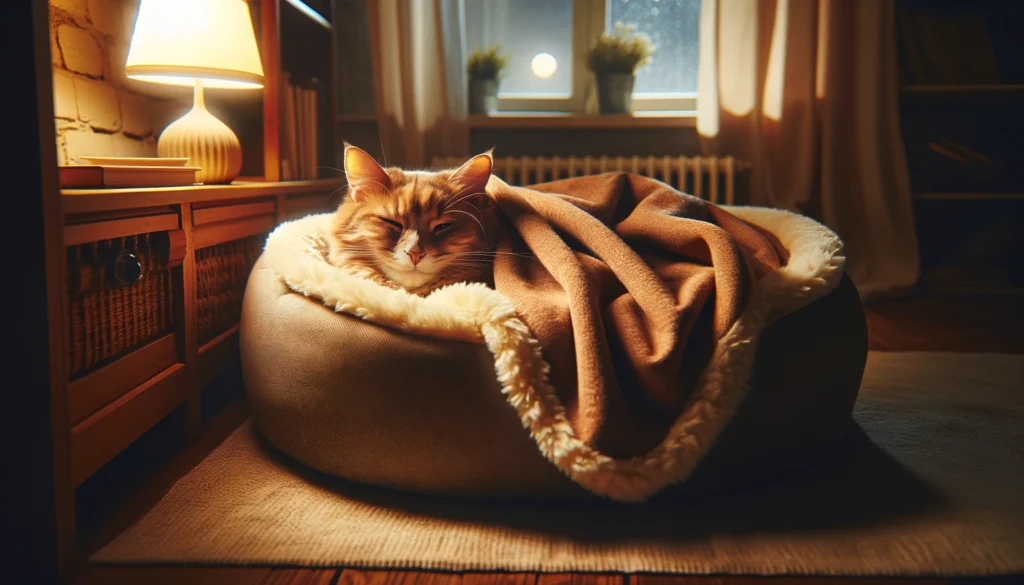 Image of a cat curled up in a plush bed, covered with a soft, warm blanket in a cozy corner of a room.