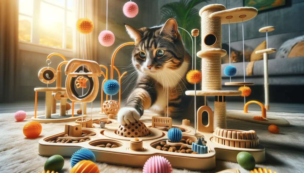 Image of a cat is interacting with various puzzle and feeder toys in a bright and lively room.