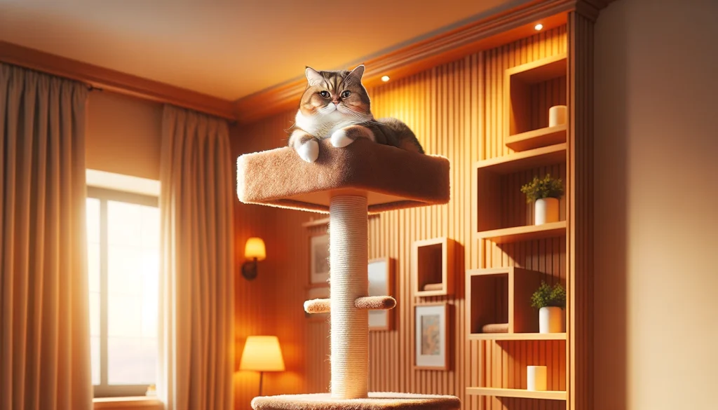 Image of a cat showing its love for high places within a home. The image features a cat perched atop a tall cat tree