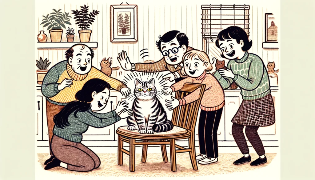 Image of a cat sitting on a chair at a cozy home, surrounded by family members trying to pet him, showing his dislike