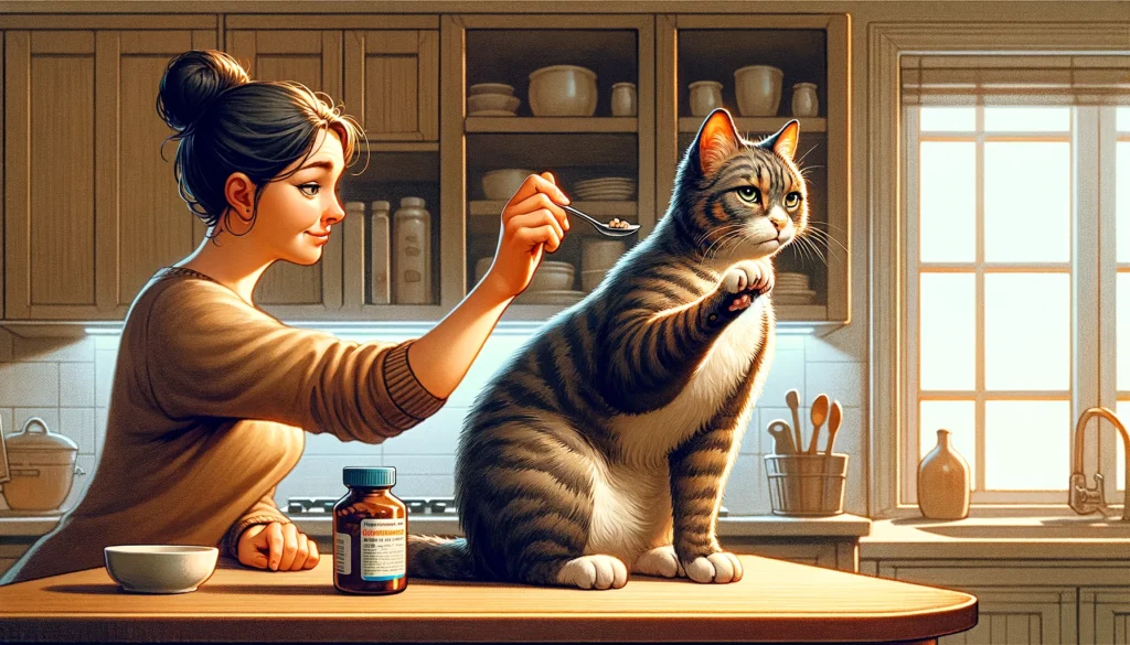 Image of a cat sitting on a kitchen counter, looking warily at a spoonful of medicine being offered by its owner.