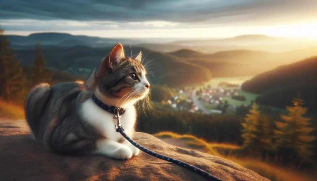 Image of a cat sitting on a leash, gazing out over a scenic view. The cat appears relaxed and curious, illustrating mental satisfaction