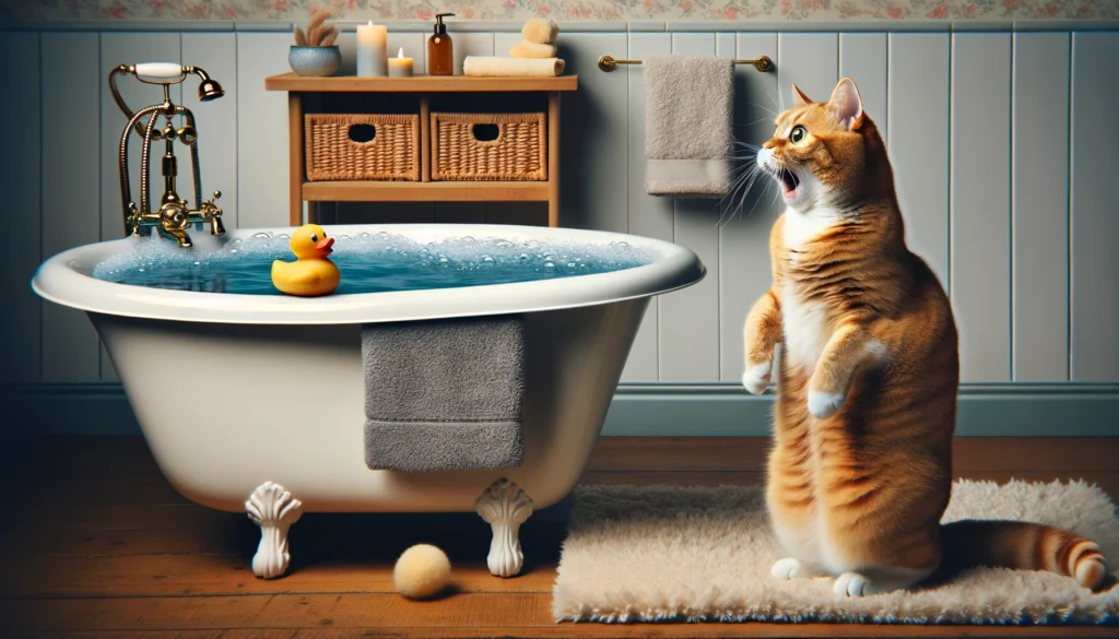 Image of a cat standing next to a filled bathtub, looking at the water with an exaggerated expression of shock as it hates water