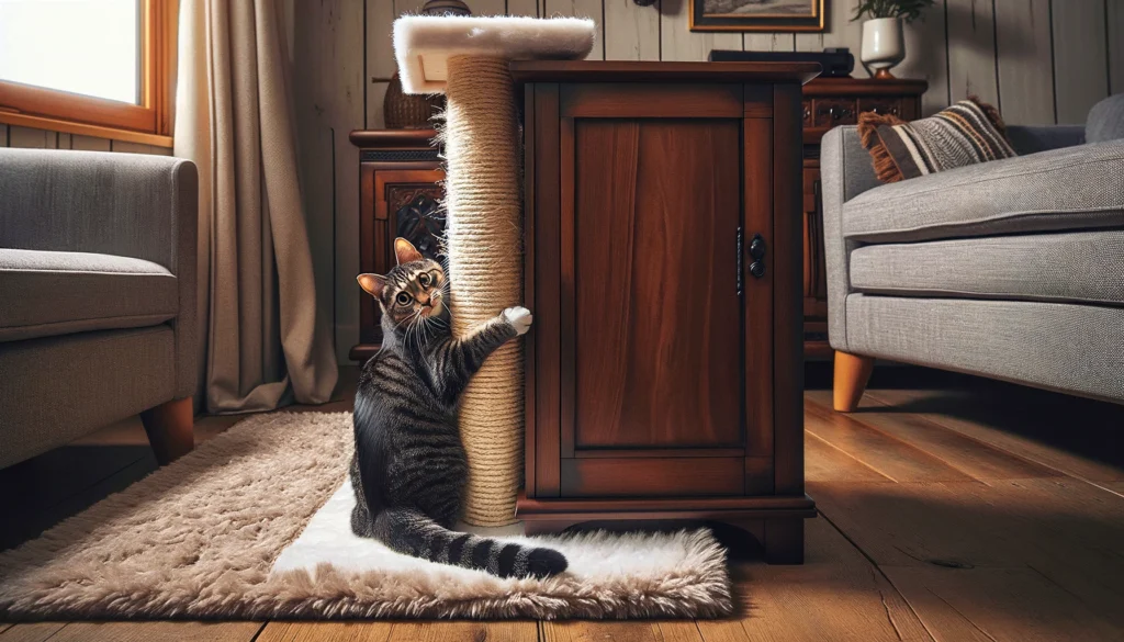 Image of a caught in the act of scratching a piece of furniture, but right next to it, there's a scratching post