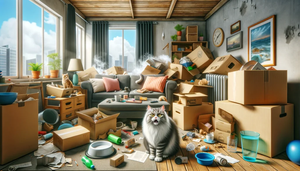 Image of a cluttered and unsettling living room indicating a stressful environment for a cat.