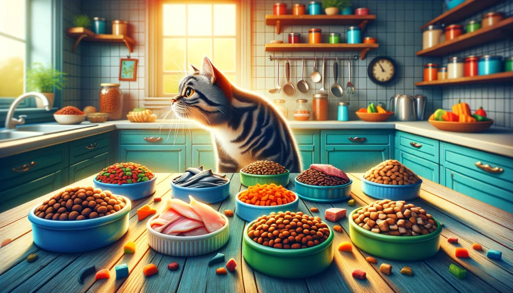 Image of a kitchen scene where a variety of cat foods are displayed, showcasing diverse food preferences.