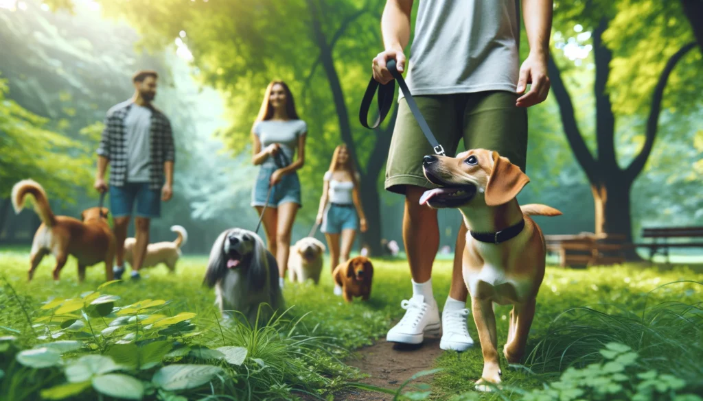 Image of dog and its owner walking through a lush, green park. The dog, on a leash, appears excited and is sniffing the air as a better alternative to a dog using a cat wheel