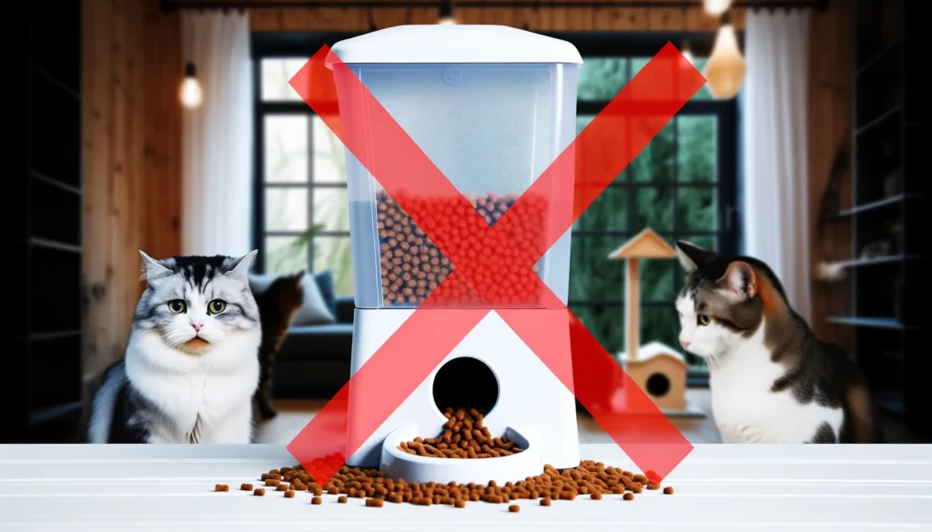 Image showing a cat feeder with food visibly jammed at the exit point. Surrounding the feeder are frustrated cats looking at it.