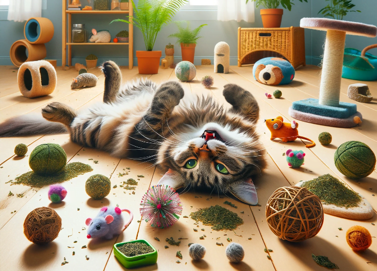 Image capturing the whimsical interaction between a cat and its catnip and silver vine toys