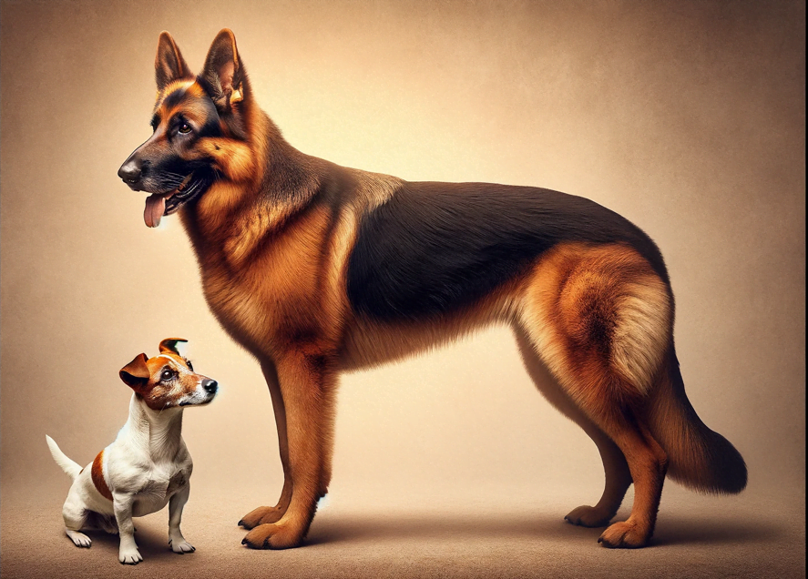 Image that visually compares the size of two dogs standing side by side on a neutral background. showing a cat wheel is only suitable for small dogs