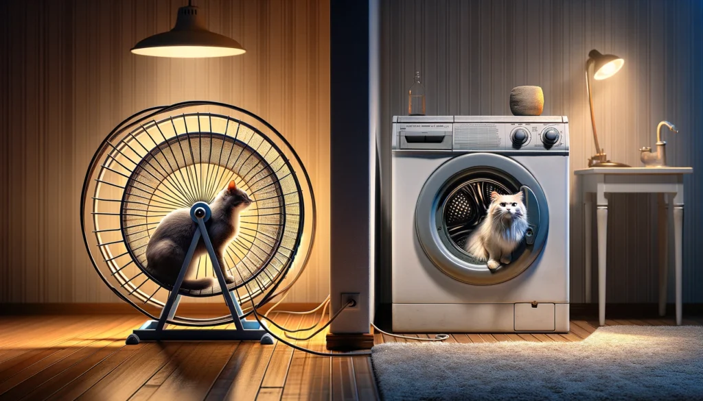Image visually contrasts a cat wheel and an old washing machine placed side by side explaining how loud are cat wheels