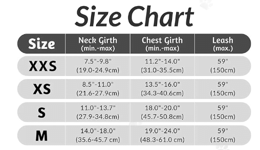 Example of a Size-chart-for-buying-a-cat-harness and leash