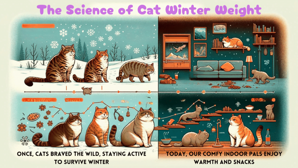 Image explaining briefly why cats gain weight in winter which is a difference between wild cats and indoor lazy cats