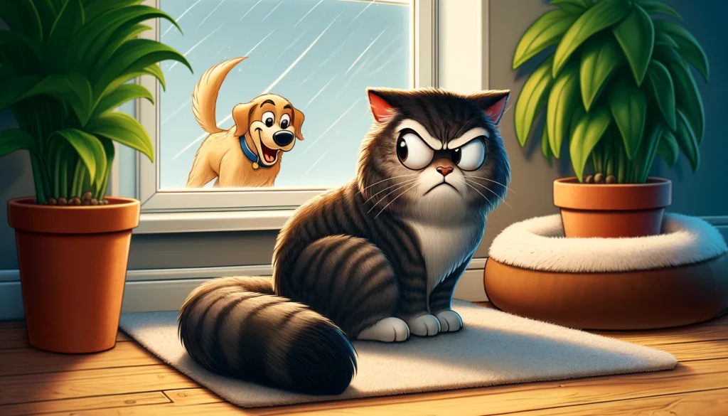 a cartoon cat with an exaggeratedly grumpy expression, sitting on a windowsill and staring out at a cheerful dog wagging its tail on the outside showing dislike towards strangers