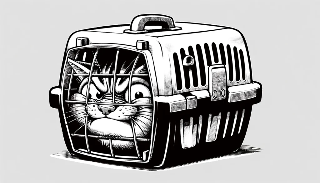 a cartoon of a cat with a comically upset expression, squeezed into a small pet carrier. This shows cats hate towards being restrained