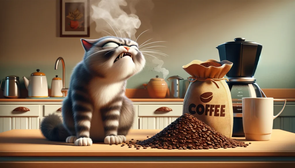 an image showing a humorous scene where a cat is dramatically reacting to the smell of coffee grounds showing their dislike towards coffee scent