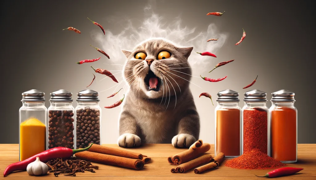 an image showing a humorous scene where a cat is dramatically reacting to the smell of spicy scents, including cinnamon, clove, pepper, and chili