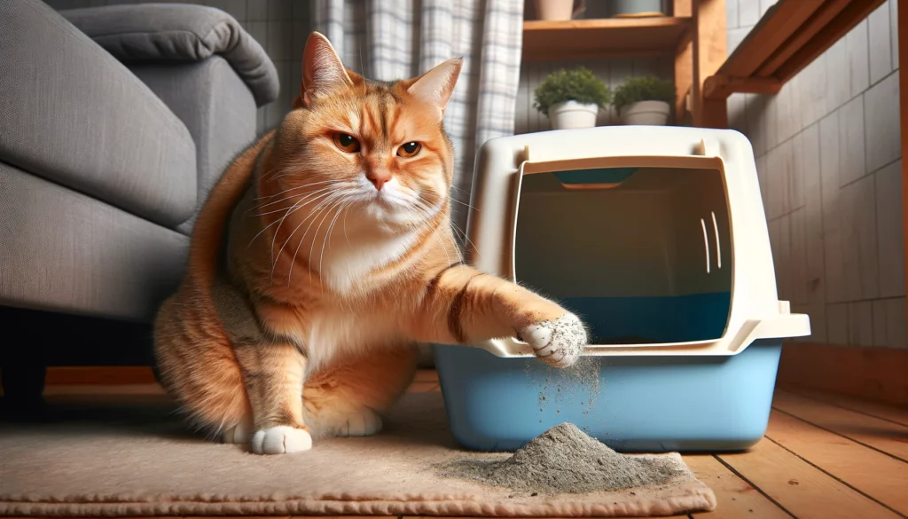 an image showing a scene where a cat is reacting to a dirty litter box showing their dislike towards the smell of a dirty litter box