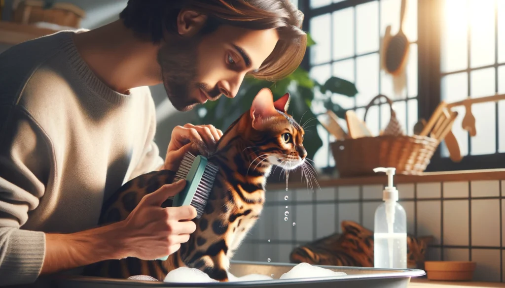 Image showing an owner grooming his Bengal Cat