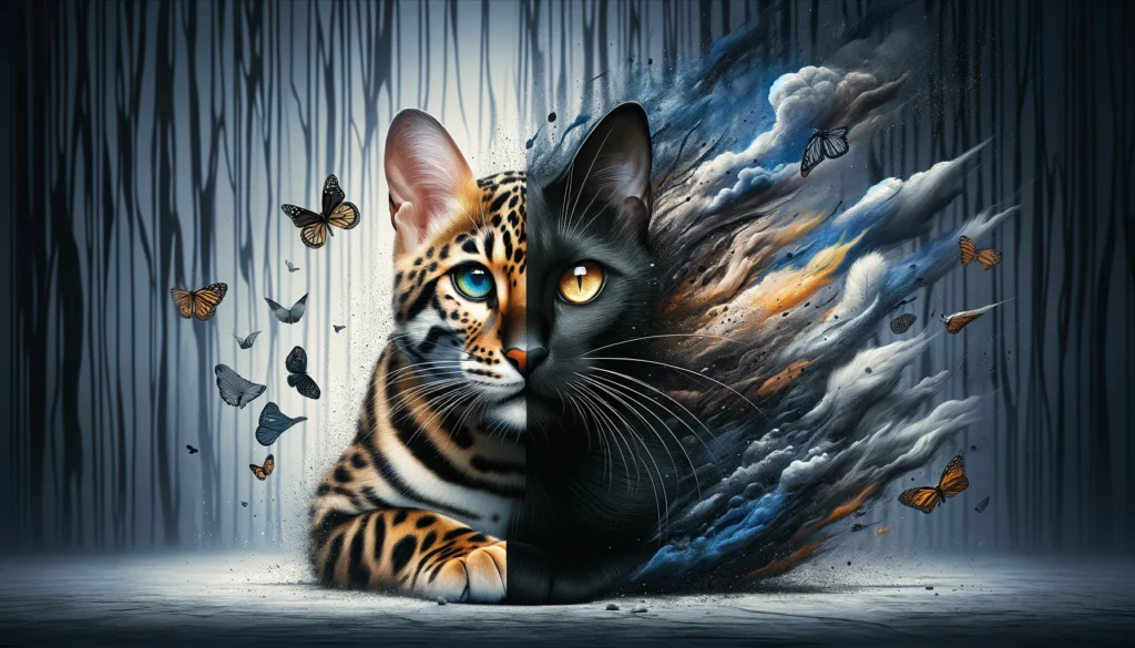 image that artistically represents the concept of combining an Asian leopard cat and a black tomcat resulting in a the Bengal Cats breed