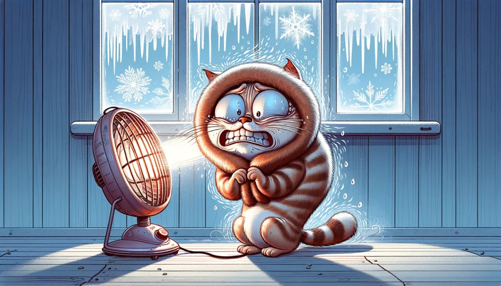 llustrate a cartoon cat, with a thin coat and an exaggerated shivering expression, huddled in front of a small space heater showing cats' hate towrds cold weather