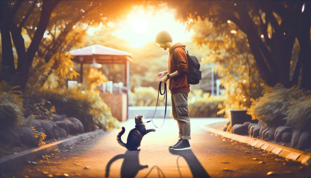 scene of a cat and their owner side by side on a leash walk, interacting with each other in a display of affection.