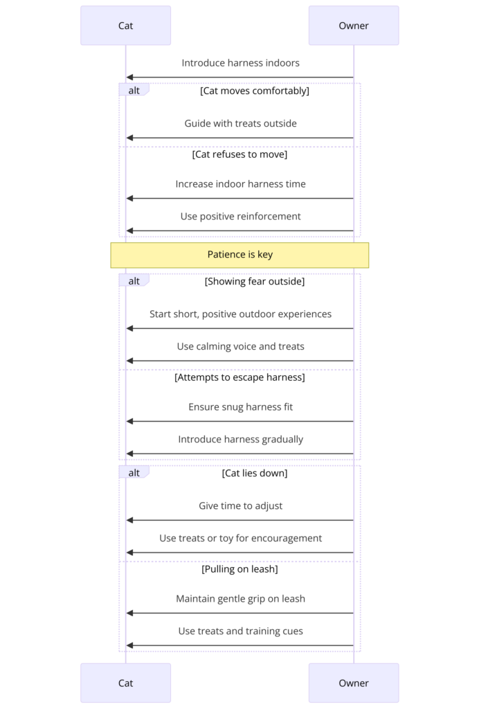 sequence diagram illustrating the steps for overcoming challenges in cat leash training