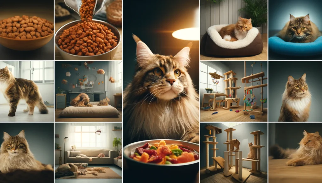 Image of a Maine Coon cat engaging in various activities that reflect a healthy lifestyle, including eating a balanced meal rich in proteins, resting and playing