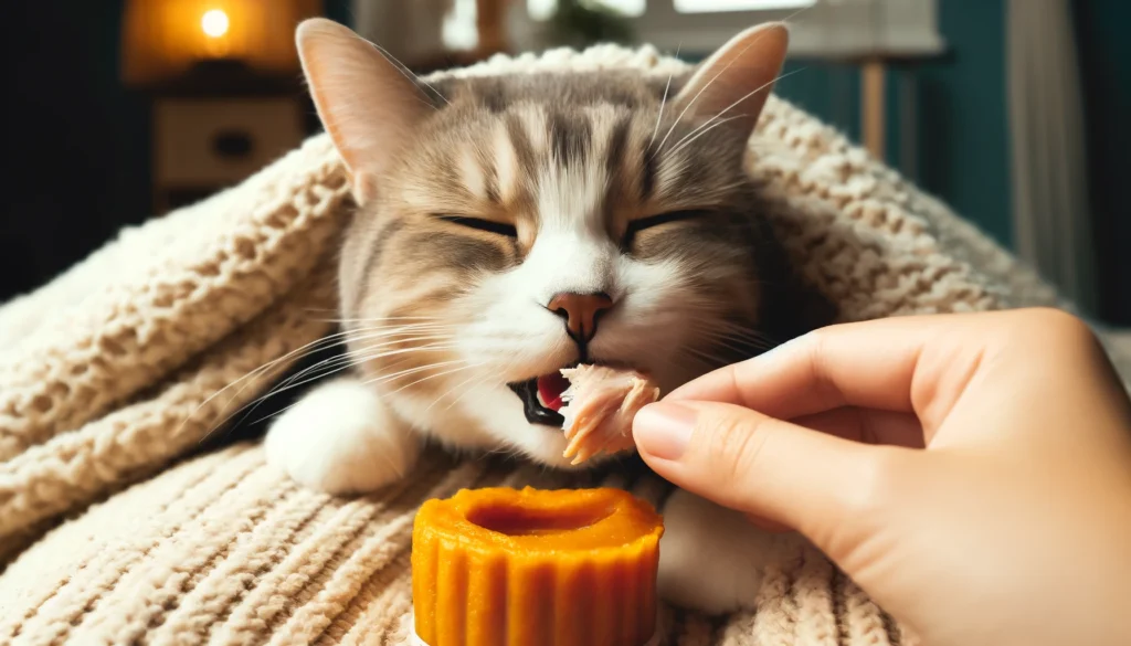 A photo of a cat eating a small piece of cooked chicken or licking a bit of pumpkin puree, capturing the joy and satisfaction of safely sharing human