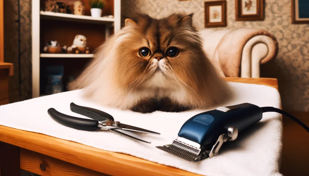 An image depicting a humorous scene with a Persian cat and a grooming clipper.