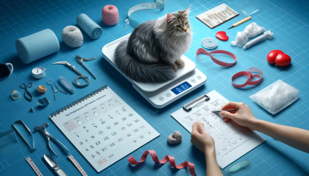 An image depicting the scenario of monitoring and managing a Maine Coon's weight