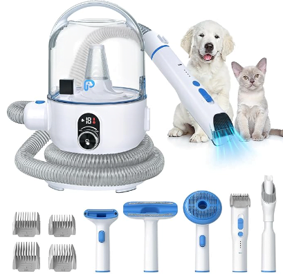 Image example of a pet grooming vacuum with 5 grooming tools including brushes for cats