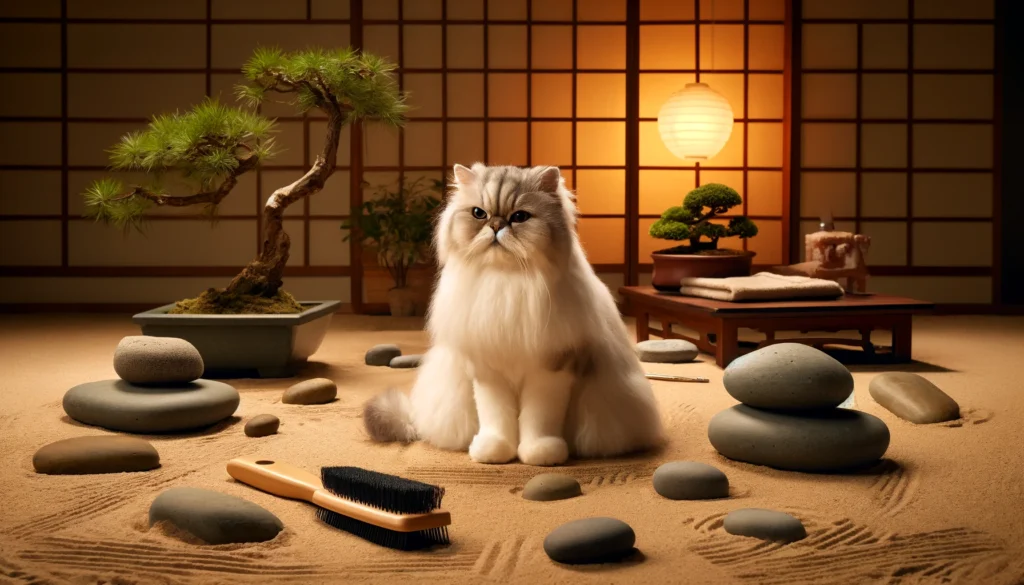 Image of a Persian cat sitting serenely in a Zen-like environment, prepared for brushing. The cat appears relaxed