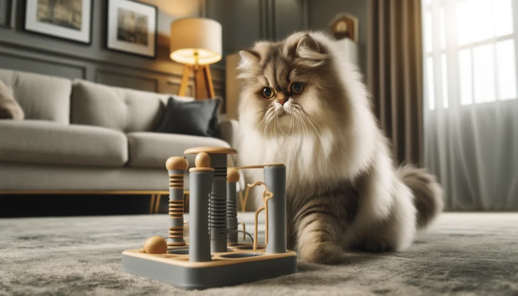 Image of a Persian cat with fluffy, luxurious fur, engaging with an interactive toy showing their playful side